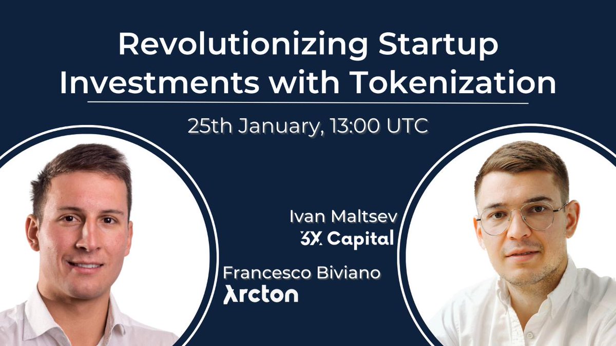 Join us tomorrow, January 25th at 13:00 UTC, our COO <a href="/f_biviano/">Fra</a> and @IvanxMaltsev , General Partner of <a href="/capital_3x/">3x Capital</a>, will have a chat about:

- Tokenization of startup shares
- Trading of startup shares on DEXs
- Liquid startup investments the future of startup financing