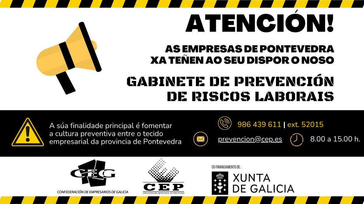 CEP_Pontevedra's tweet photo. O tecido empresarial da provincia de #Pontevedra ten ao seu dispor dende hoxe o Gabinete de #Prevención de #RiscosLaborais #PRL, grazas ao convenio asinado coa @CEG_Galicia e a financiación da @Xunta.  A súa misión é fomentar a cultura preventiva e resolver dúbidas das #empresas. https://t.co/qZLVJkobFo