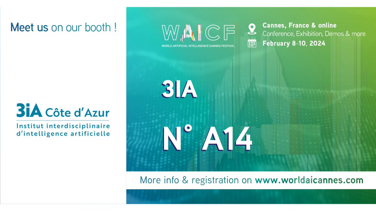 [#WAICF24] Discover the 3IA Côte d'Azur's rich and exciting program for the WAICF➡️3ia.univ-cotedazur.eu/world-artifici… 👀Meet us at booth A14 to find out more about our research activities, collaboration opportunities, and training offer!