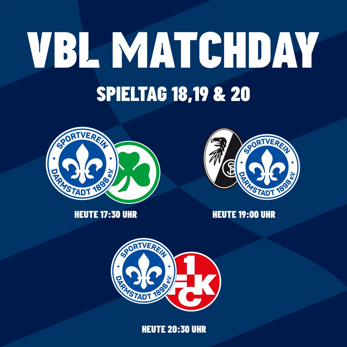 VBL MATCHDAY 18,19 &amp; 20!

🕞 17:30 Uhr
🆚 <a href="/kleeblattfuerth/">SPVGG GREUTHER FÜRTH</a> 
📺 twitch.tv/vbl_official

🕞 19:00 Uhr
🆚 <a href="/scfreiburg/">SC Freiburg</a> 

🕞 20:30 Uhr
🆚 <a href="/Rote_Teufel/">1. FC Kaiserslautern</a> 
📺 twitch.tv/sv98_eFootball
Gecastet wird der Livestream von unserem Content Creator <a href="/BenjiiiFifa/">Benjii</a> .