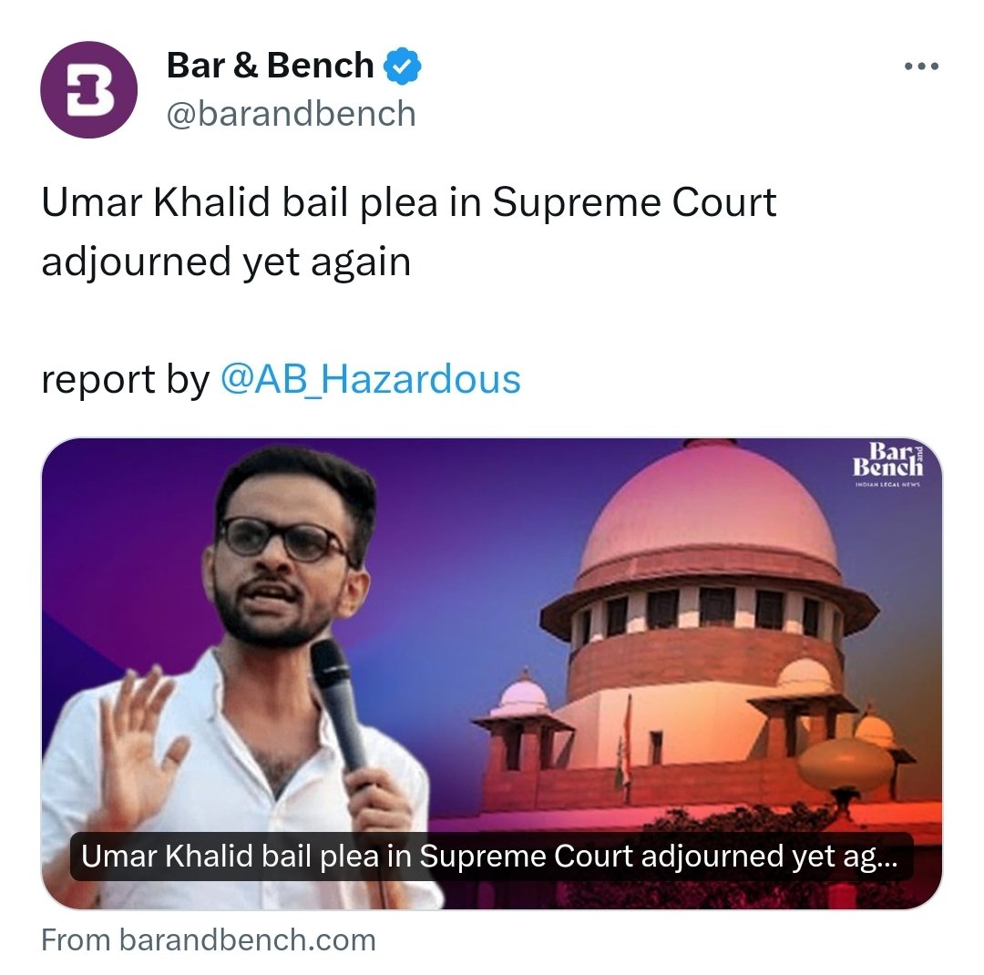 azmiars3's tweet photo. And they say that judicial dignity is compromised. It is the eleventh times that Umar Khalid's bail petition was adjourned in the Supreme Court. 

#UmarKhalid #SupremeCourt https://t.co/87NFBhjSx4