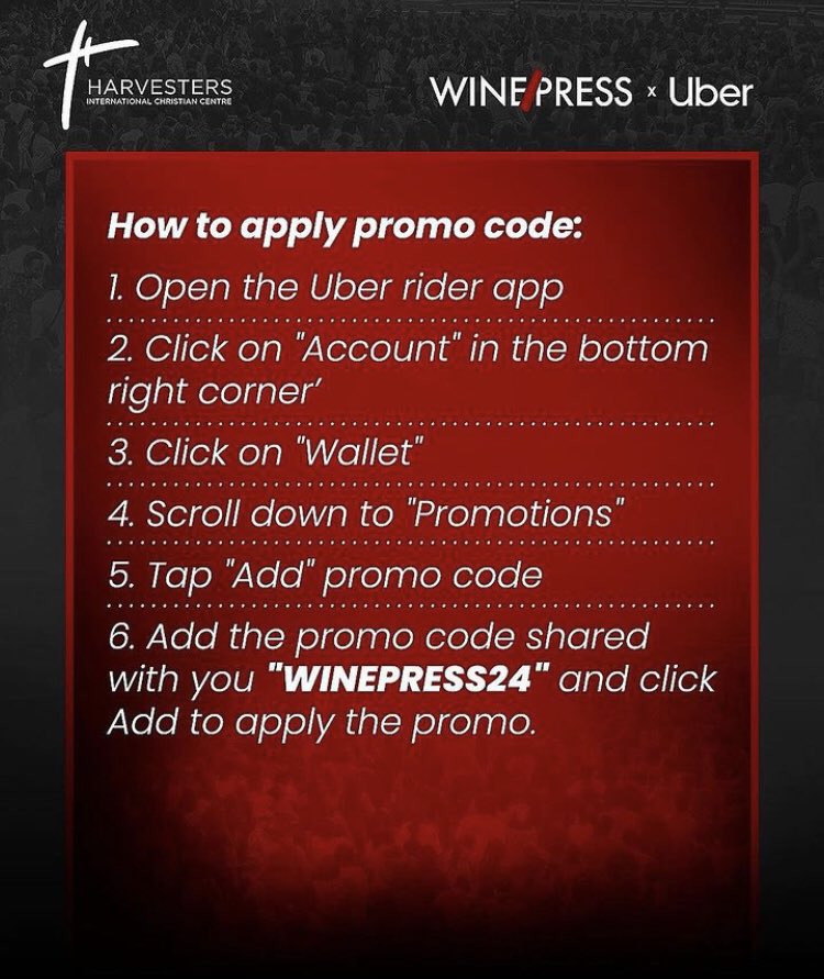 UncleGeeOfZion's tweet photo. Enjoy discounted rides to #Winepress2024 and back to your destination
#Uber
#TBS
#Harvestersng
#PastorBolajiIdowu
#UnstoppableMultiplication https://t.co/lArpC3uLLq