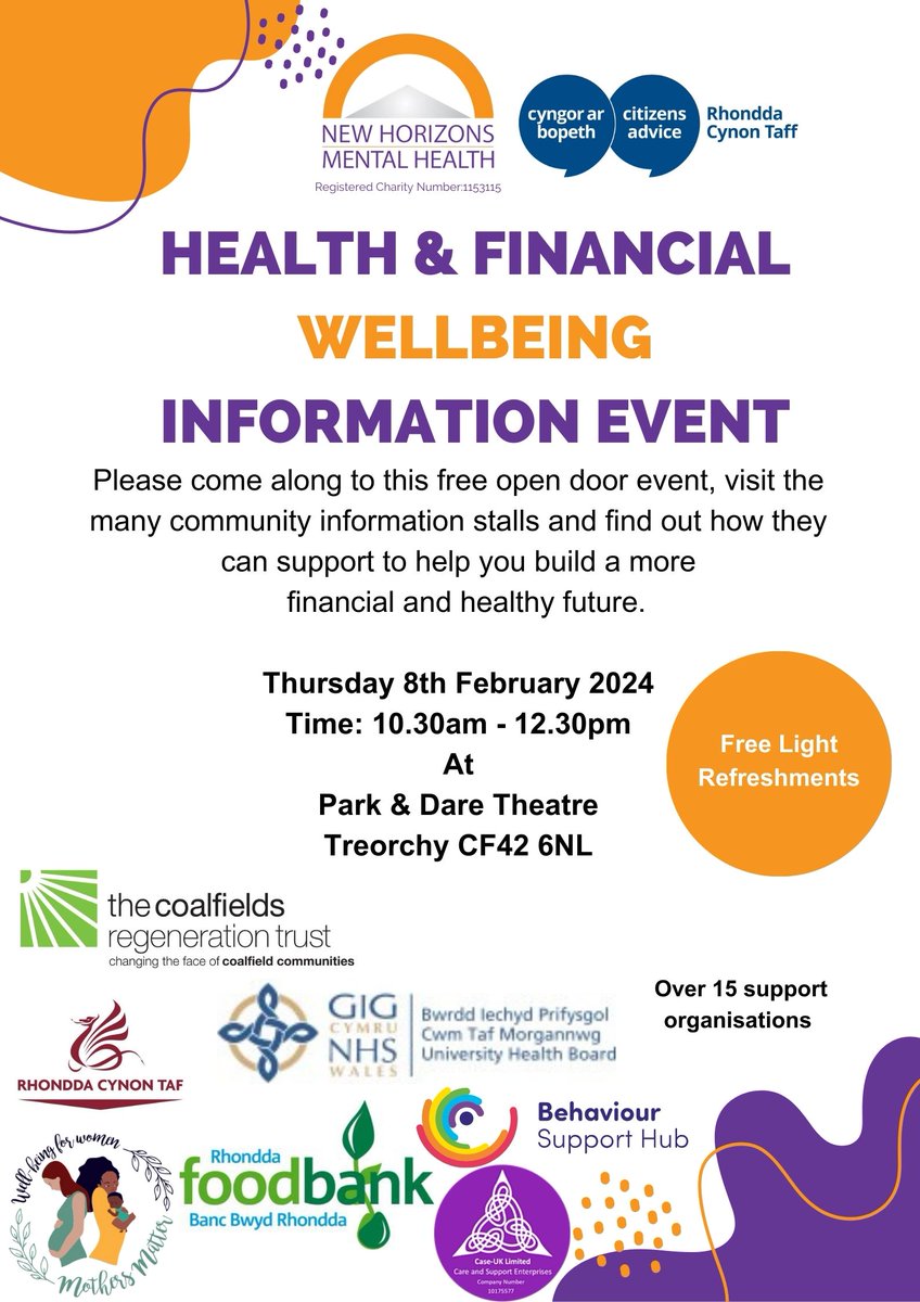 📢Come along to @RCTtheatres and meet New Horizons in joint partnership with @ca_rct plus many other support organisations at our Health & Financial Wellbeing information event.🤩