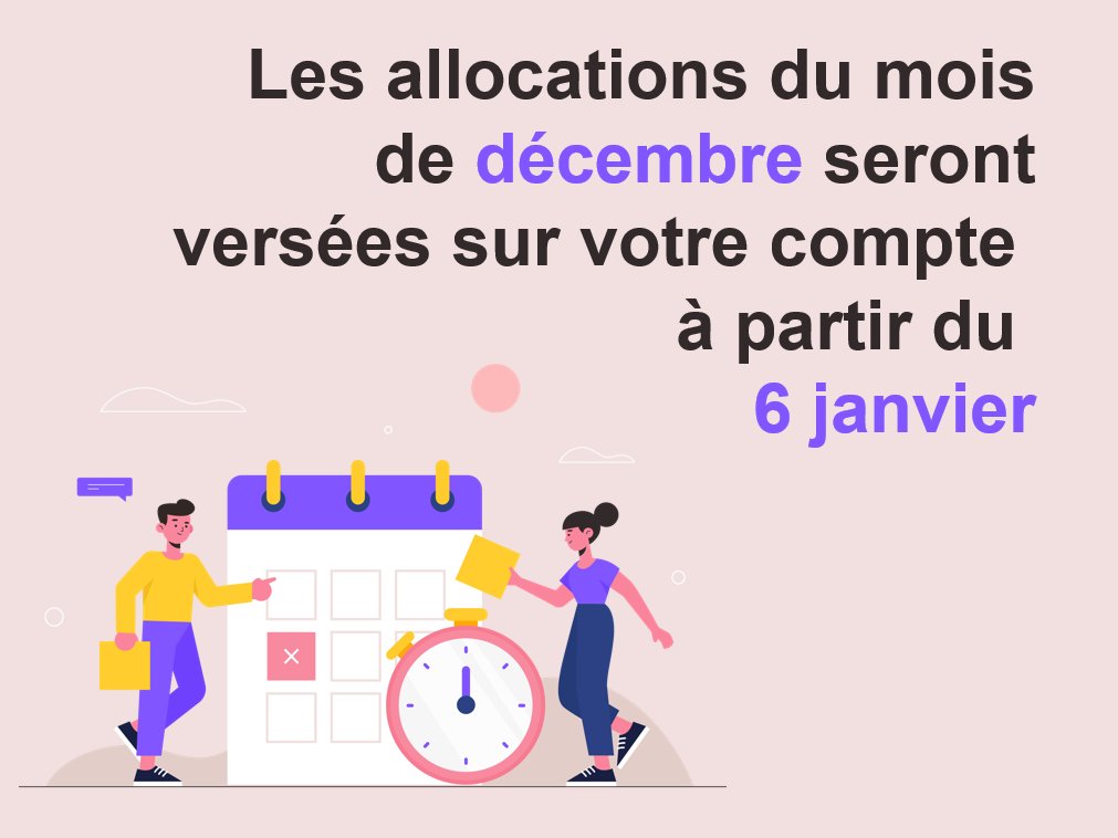 [DOSSIER]
Le versement des prestations du mois de décembre sera effectué à partir du 6 janvier
ℹ️ Le versement effectif sur les comptes bancaires peut varier de quelques jours selon l'établissement bancaire de l'allocataire
👍Montant et détails sur caffr et l'appli Caf-Mon Compte