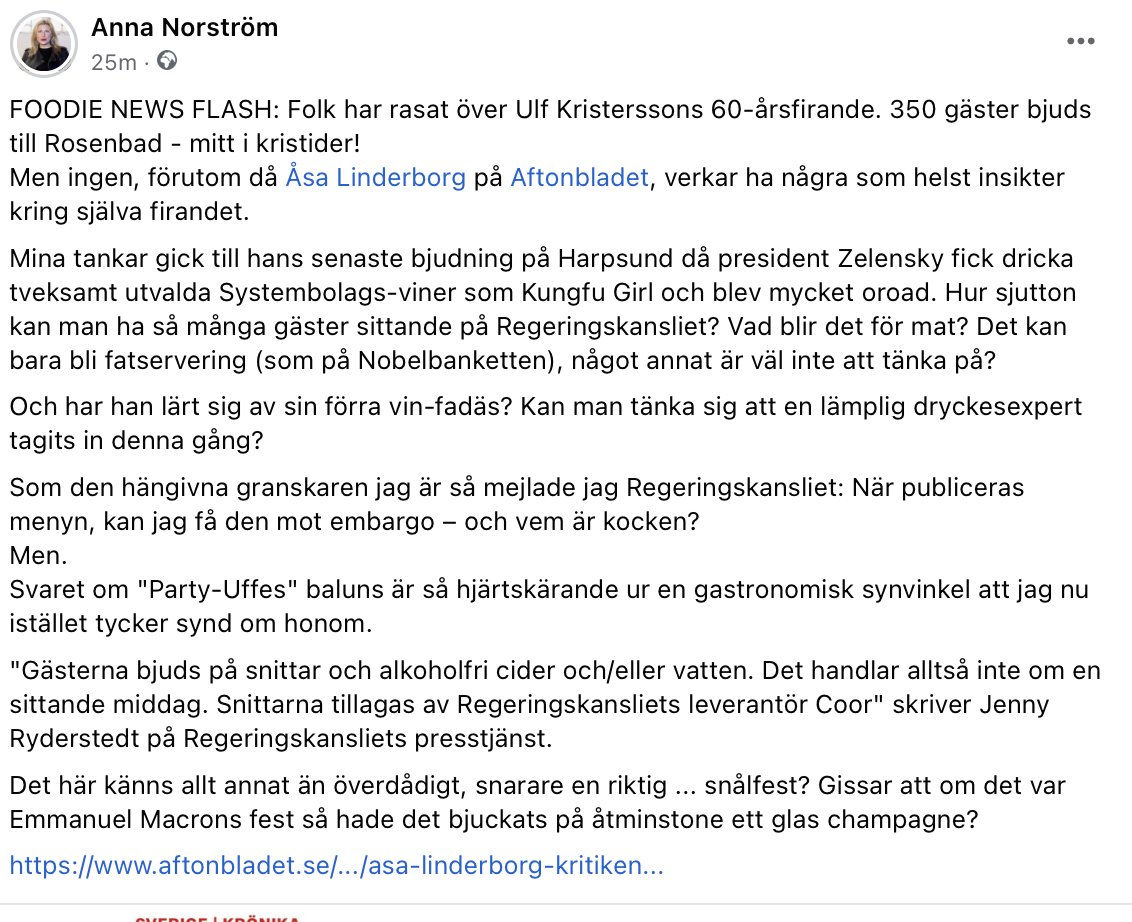 "Party-Uffe" 60 år = snarare en snålfest visar mitt senaste gastronomiska gräv: 
Ping <a href="/AsaLinderborg/">Åsa Linderborg</a> (den enda som skrivit med djupare insikt om "festen").