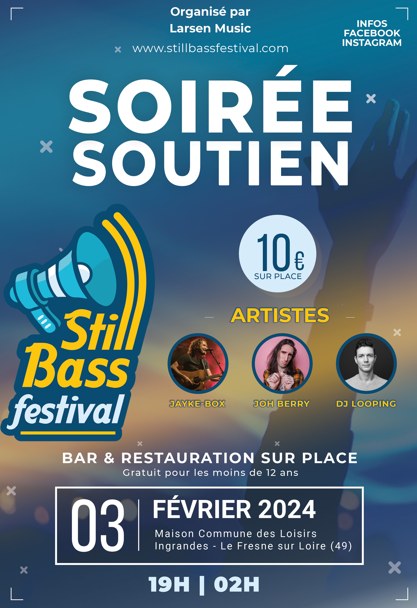 Dans dix jours a lieu une soirée de soutien au #StillBassFestival à la MCL (maison commune des loisirs) d'#IngrandesLeFresne, avec comme artistes <a href="/JaykeBox/">Jayke Box</a>, <a href="/JohBerryMusic/">Joh Berry</a> et <a href="/DeejayLooping/">Dj Looping</a> 😀 !
Venez nombreux/ses le 3 février 😊 !
Infos : facebook.com/events/3555399…