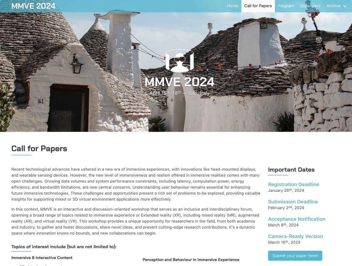 🚨Registration deadline for MMVE is in 2days‼️

🔗 mmve-workshop.org/2024/
📆 Registration deadline: 26 January, 2024
⏳ Submission deadline: 2nd February, 2024

MMVE is a workshop co-located with ACM MMSys 2024 that will take place from 15-18 April 2024 in Bari, Italy 🇮🇹
<a href="/sigmm/">ACM SIGMM</a>