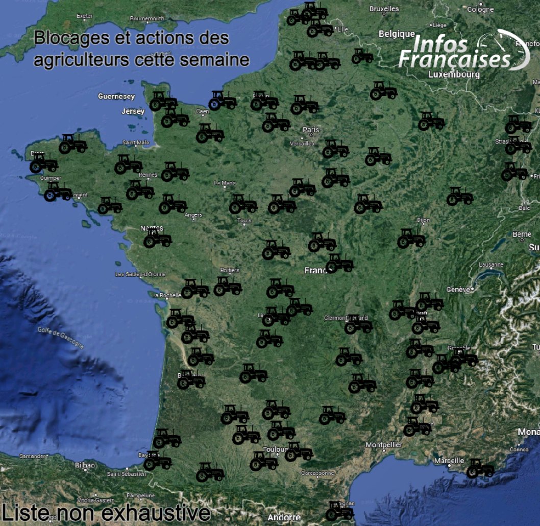 InfosFrancaises's tweet photo. "NOTRE FIN SERA VOTRE FAIM" : La mobilisation des agriculteurs, partie d'Occitanie il y a une semaine, s'étend partout en France. Les blocages des autoroutes et des grands axes se multiplient.
"D’ici vendredi, près de 85 départements vont mener des actions", annonce la FNSEA.
Le gouvernement promet des annonces "dans les jours à venir".