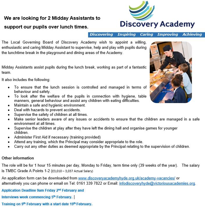 🌟We are recruiting🌟 Come and join our amazing team. We are looking for a Midday Assistant to join us in Early Years and KS2.