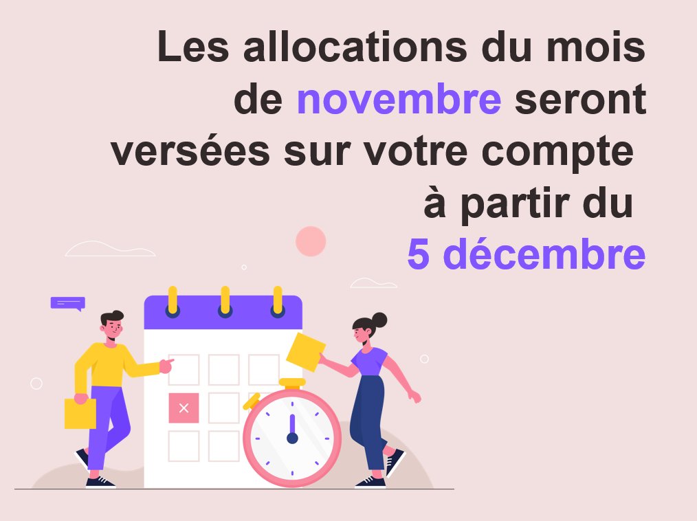 [DOSSIER]
Le versement des prestations du mois de novembre sera effectué à partir du 5 décembre
ℹ️ Le versement effectif sur les comptes bancaires peut varier de quelques jours selon l'établissement bancaire de l'allocataire
👍Montant et détail sur caffr et l'appli Caf-Mon Compte