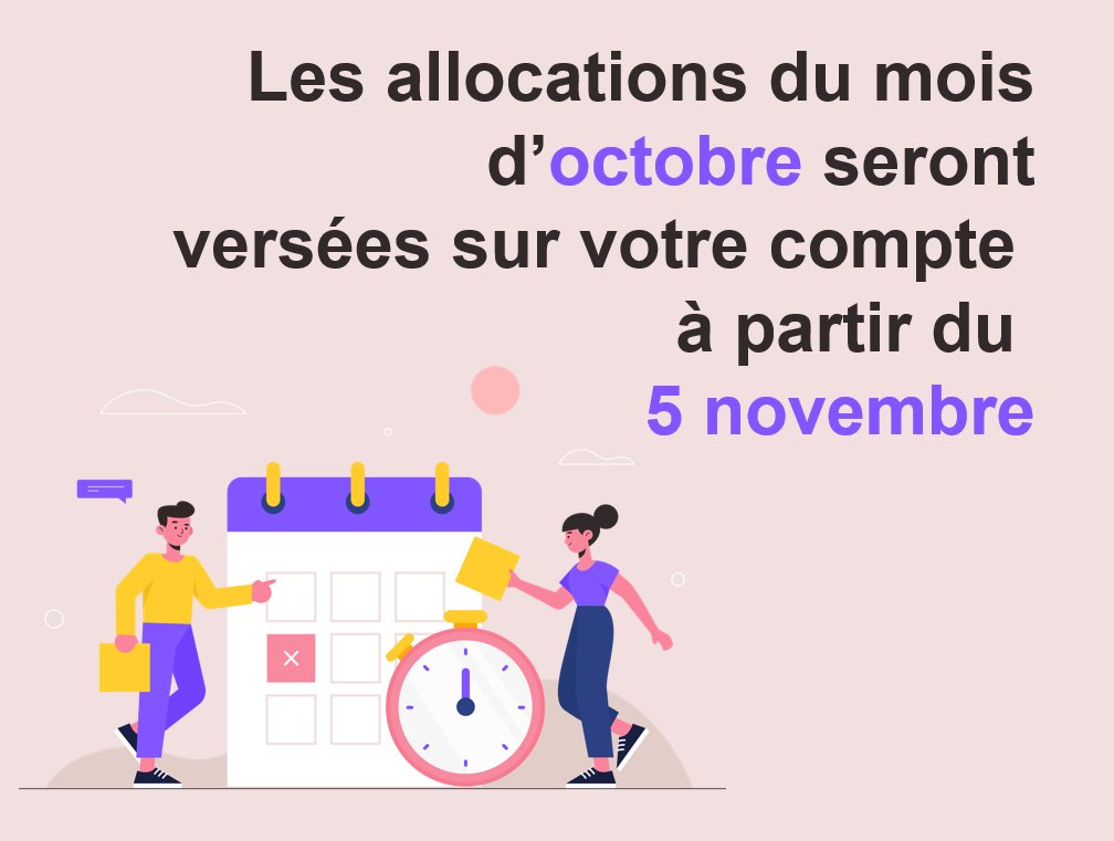 [DOSSIER]
Le versement des prestations du mois d'octobre sera effectué à partir du 5 novembre
ℹ️ Le versement effectif sur les comptes bancaires peut varier de quelques jours selon l'établissement bancaire de l'allocataire
👍Montant et détails sur caffr et l'appli Caf-Mon Compte