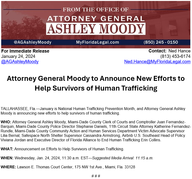 SenAshleyMoody's tweet photo. I will be in Miami-Dade county this morning with @ClerkJFB, @MiamiDadePD Director Stephanie Daniels, @KathyFndzRundle, @Airbnb and other local leaders to announce new efforts to help survivors of #HumanTrafficking. https://t.co/nTLE0wSrLW