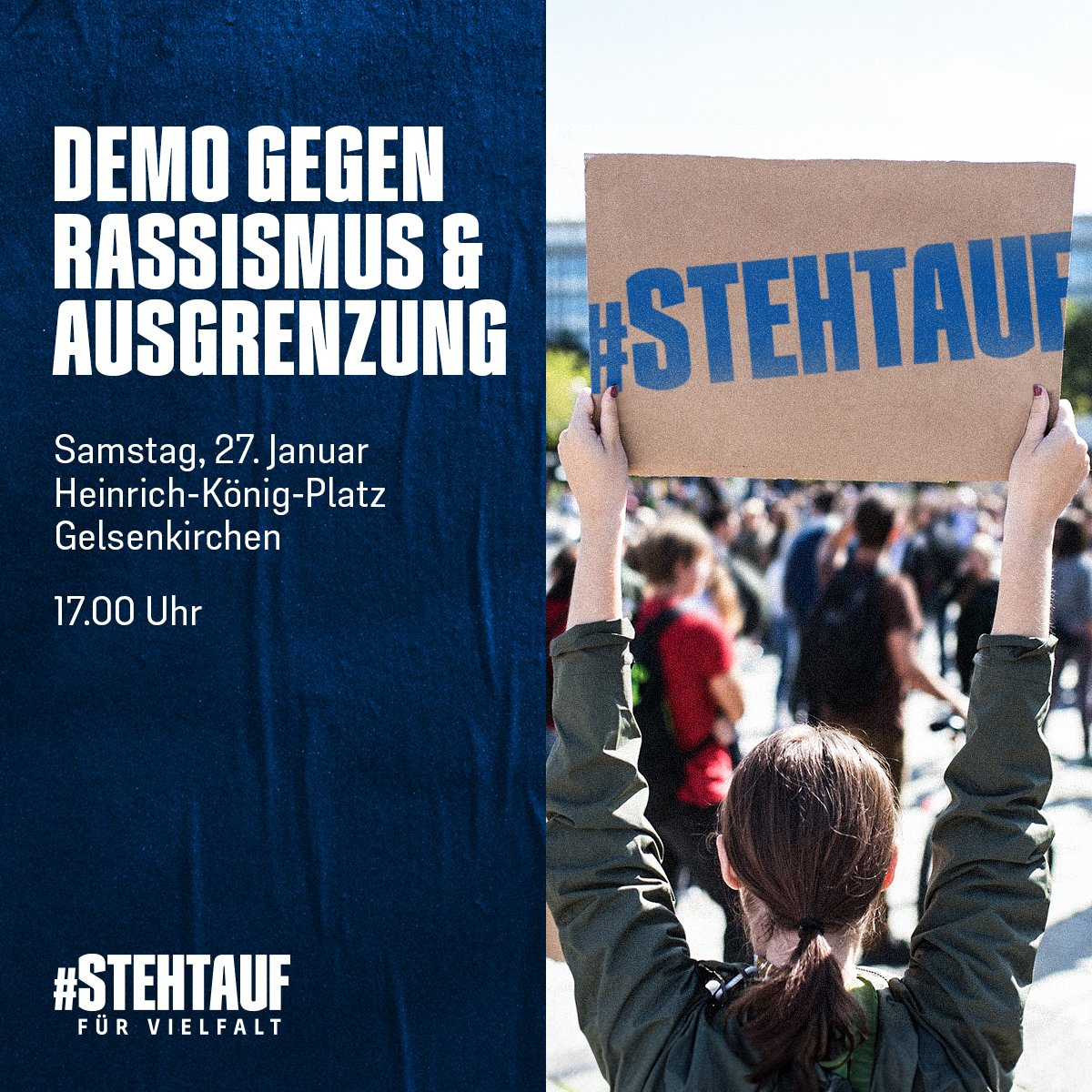 Am Samstag (27.1.) findet in Gelsenkirchen eine vom Gelsenkirchener Aktionsbündnis gegen Rassismus und Ausgrenzung initiierte Demonstration gegen Hass und Hetze statt.
‌
Der #S04 ruft dazu auf, an dem Protest teilzunehmen und sich aktiv gegen Rechtsextremismus zu positionieren ⬇️