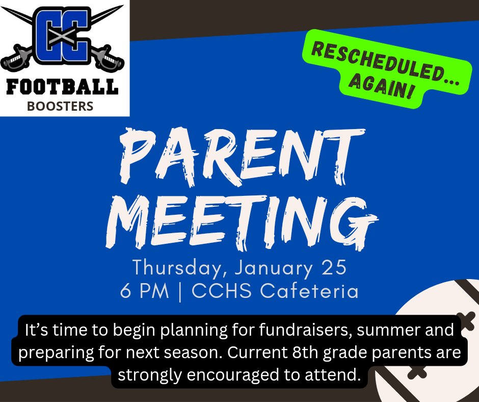 We think we're actually going to be able to get this meeting in without snow or ice getting in the way! Join us tomorrow night, Thursday, January 25, at 6 pm in the CCHS Cafeteria.