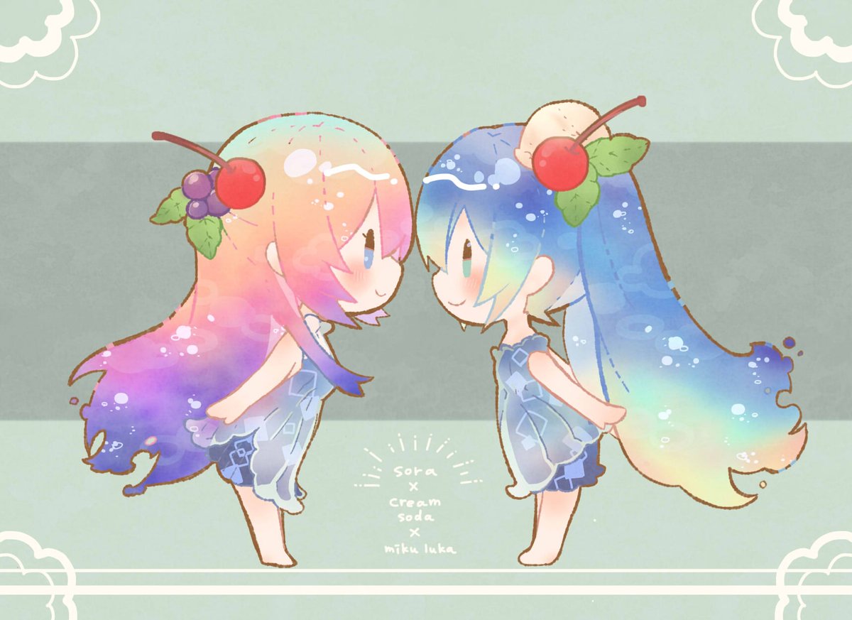 初音ミク ,巡音ルカ 「朝焼けソーダと宵色ソーダのミクルカさん」|mochiのイラスト