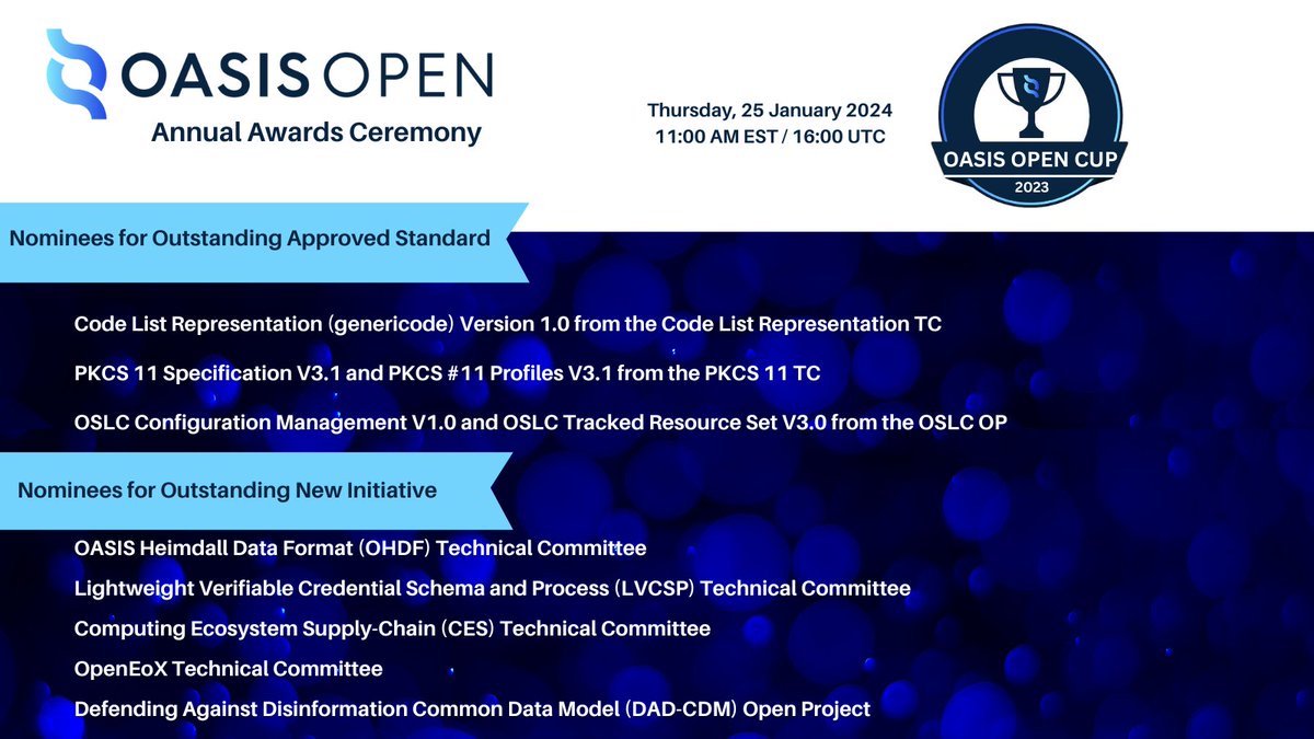 OASISopen's tweet photo. Which outstanding #standard and #initiative will win the Open Cup? Join us tomorrow for our annual OASIS Awards Ceremony and find out!

RSVP today to get your link: 
https://t.co/SVBqcYsvvf

#openstandards #opensource #OpenCup #DistinguishedContributors https://t.co/qSo85KEGAg