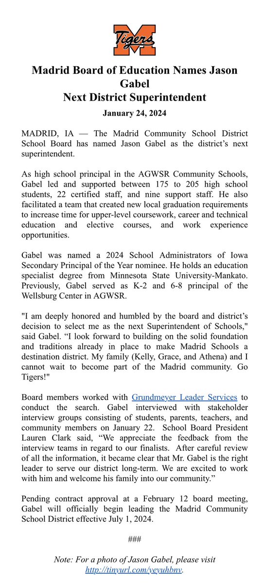 MadridTigers's tweet photo. Press Release: Madrid Board of Education Names Jason Gabel Next District Superintendent https://t.co/kvpFe4ME90