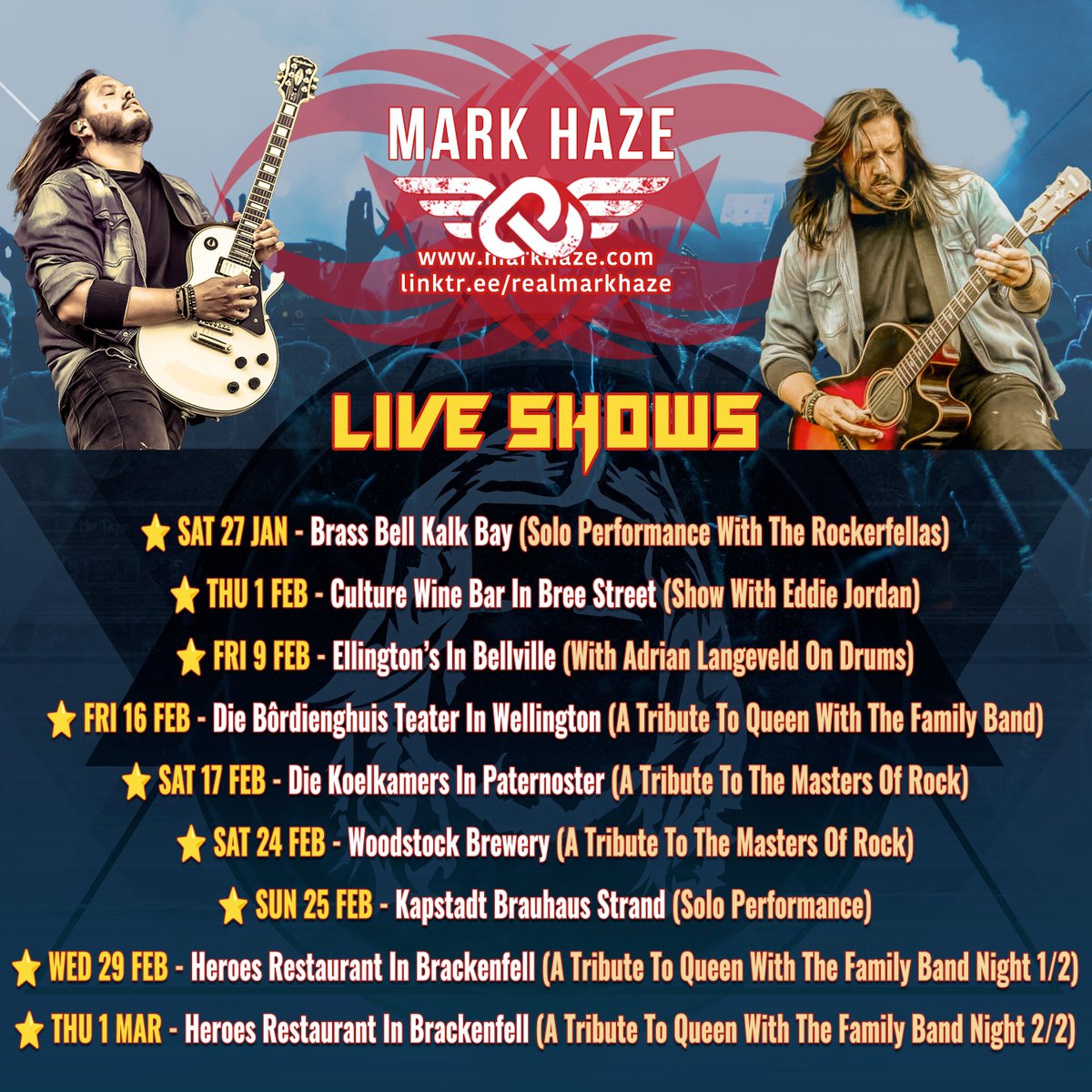 RealMarkHaze's tweet image. The stage is set, the amps are cranked, and I'm gearing up to unleash a sonic storm at these upcoming live shows. Come join me for an electrifying Rock experience that'll leave you craving more!

#MarkHaze #Rock #MastersOfRock #Rocker #Guitarist #Pianist #Drummer #SouthAfrican