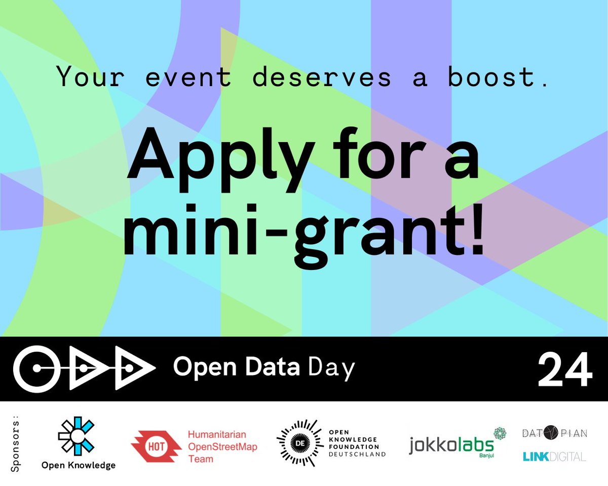 🚀 Your #OpenDataDay2024 event deserves a boost. 🤗 Together with our sponsoring partners @hotosm @JBanjul @OKFDE @datopian @link_digital, @OKFN is offering a total of 26 mini-grants of USD 300 to help promote in-person events. 🙏🏾 Learn more and apply: blog.okfn.org/2024/01/24/ope…