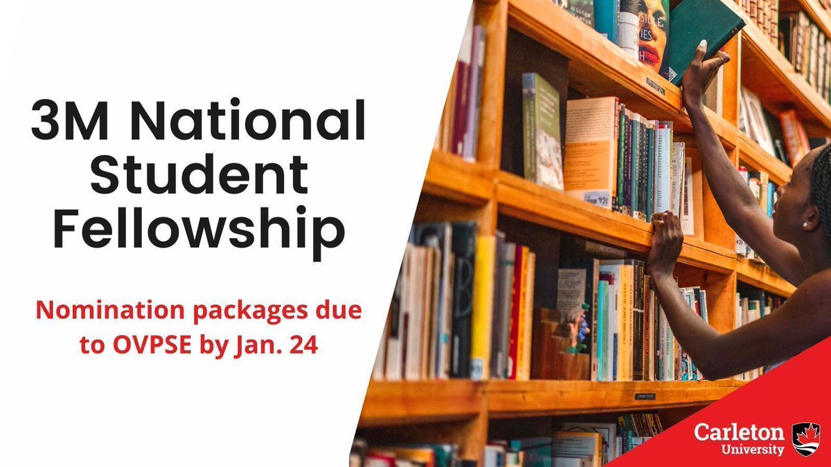 Carleton University Teaching & Learning Services (@cu_teaching) on Twitter photo Today is the last day to submit your nominations to the OVPSE for the 2024 3M National Student Fellowship Award. Do you know a <a href="/Carleton_U/">Carleton University</a> student who demonstrates outstanding leadership and innovation? Don't forget to submit your nomination: ▶️ buff.ly/48t2mOT Today is the last day to submit your nominations to the OVPSE for the 2024 3M National Student Fellowship Award. Do you know a <a href="/Carleton_U/">Carleton University</a> student who demonstrates outstanding leadership and innovation? Don't forget to submit your nomination: ▶️ buff.ly/48t2mOT
