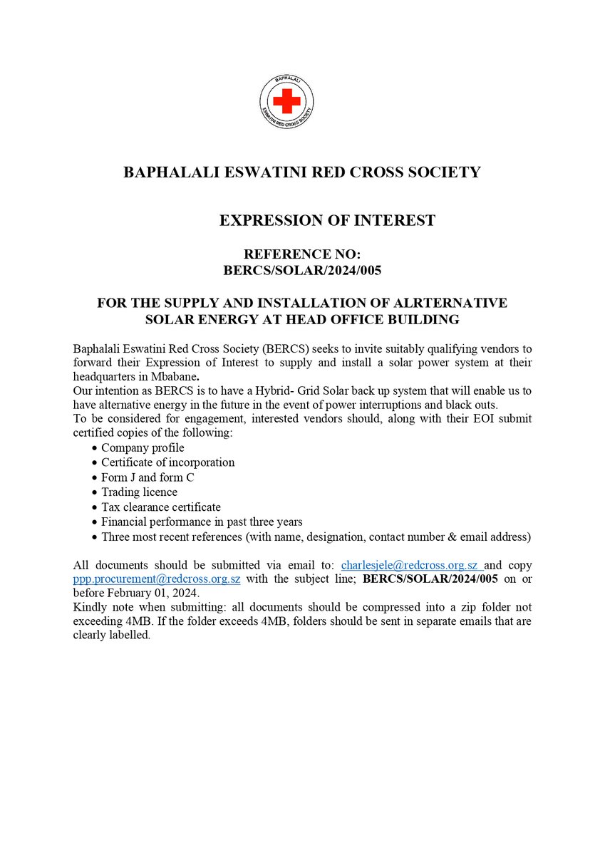 @redcrosseswatin invites suitably qualifying vendors to forward their Expression of Interest to supply and install a solar power system at Headquarters in Mbabane