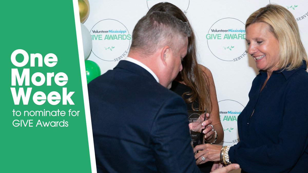 We are only ONE WEEK AWAY from the closing of GIVE Award nominations. Nominating someone for a GIVE Award is a fantastic way to honor them for their dedication to service.

Visit volunteermississippi.org/give to learn more.

Nominations close January 31, 2024.