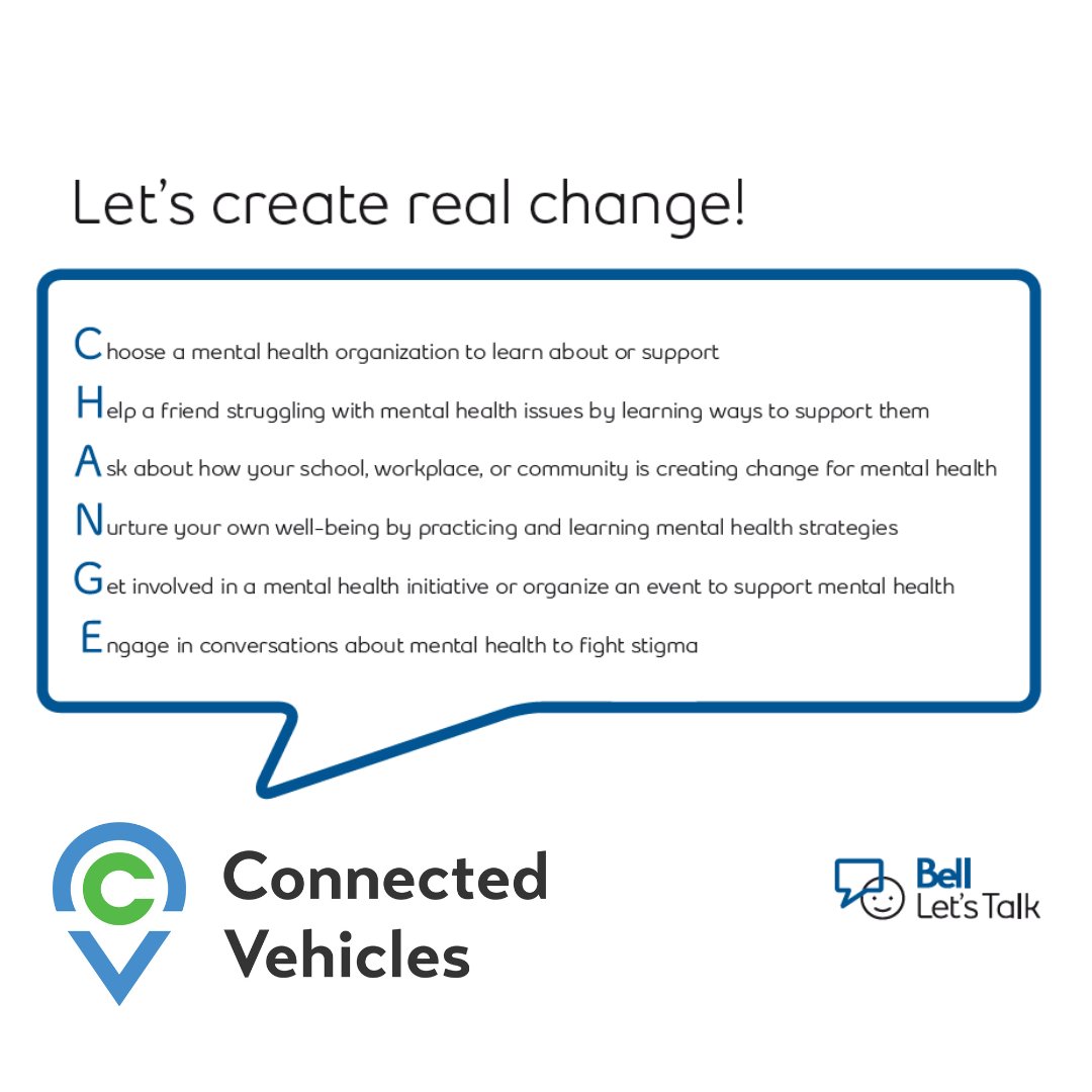 VehiclesConnect's tweet photo. Bell Let’s Talk Day is Wednesday, January 24. We are joining in and committing to take meaningful action to create real change in mental health. Let’s create real change. Take action all year long.

#BellLetsTalk #connectedvehicles #mentalhealth #change https://t.co/n2MWuL3Iwo