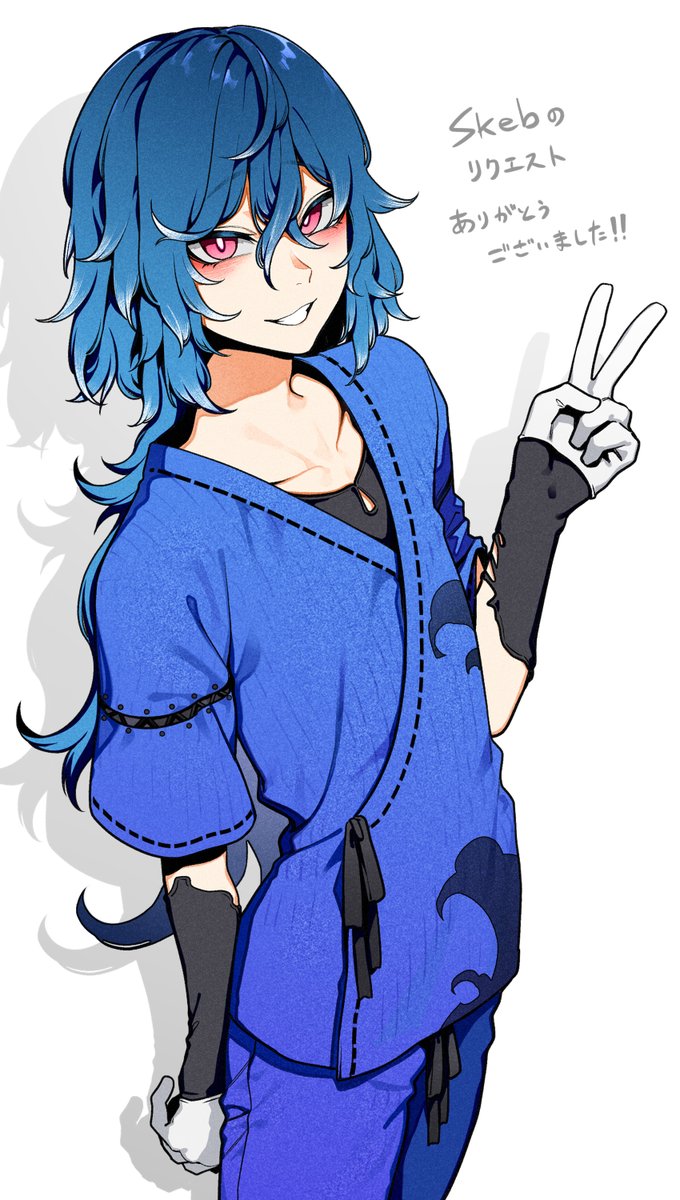 blue hair solo long hair v 1boy male focus smile  illustration images