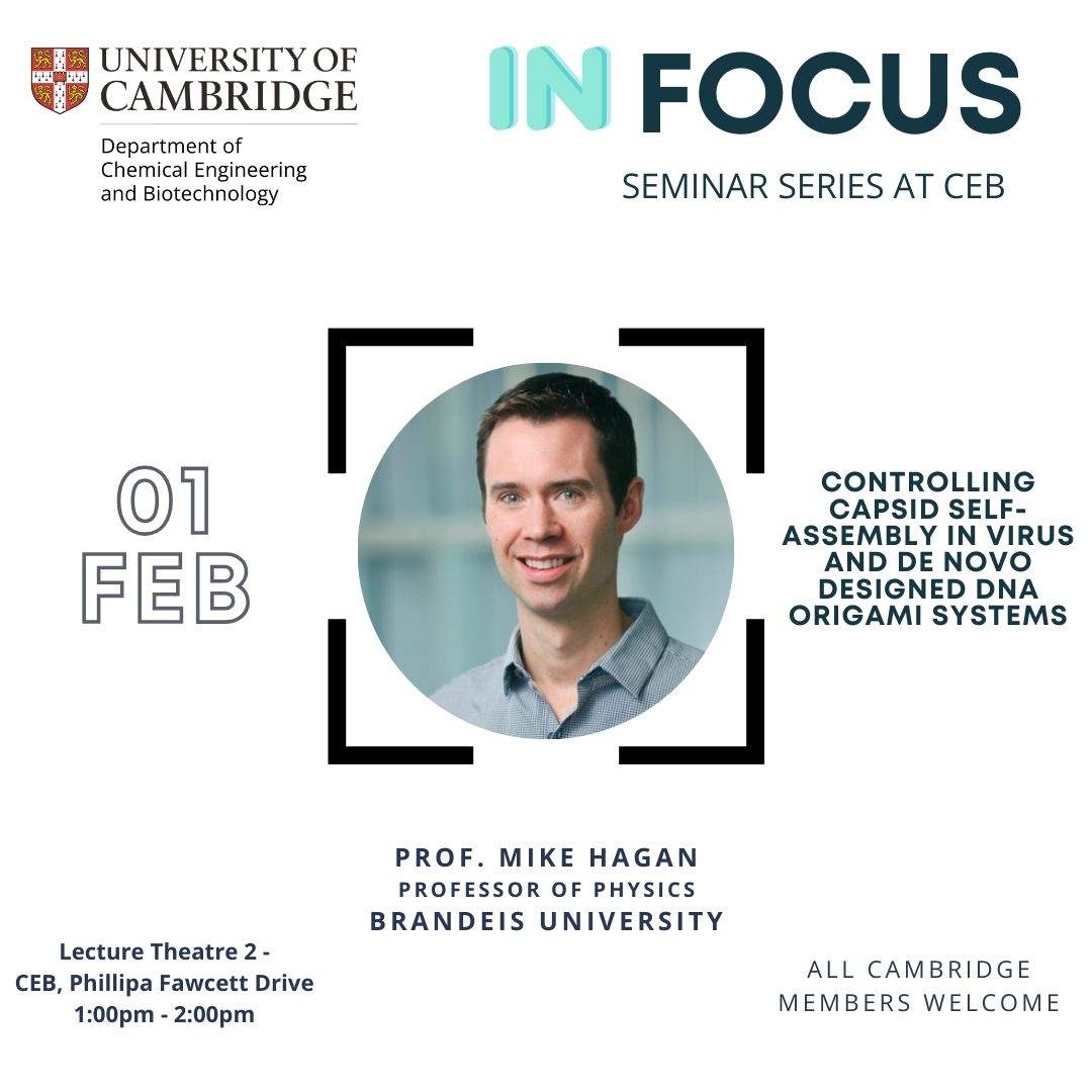 Join us for the next in our 'In Focus' seminar series with Mike Hagan, Professor of Physics at Brandeis University. Topic: 'Controlling Capsid Self-Assembly In Virus and De Novo Designed DNA Origami Systems'. 📍: LT2 - CEB, Phillipa Fawcett Drive ⏰: February 1st, 1pm