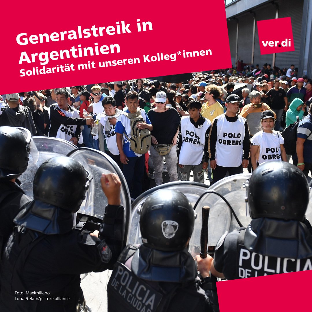 Für heute haben die argentinischen Gewerkschaften zum Generalstreik aufgerufen. Sie kämpfen gegen den Abbau von Demokratie, Menschenrechten, Sozialstaatlichkeit und Arbeitsrechten unter dem neuen Präsidenten #Milei. Solidarität mit den Kolleg*innen! verdi.de/themen/interna…
