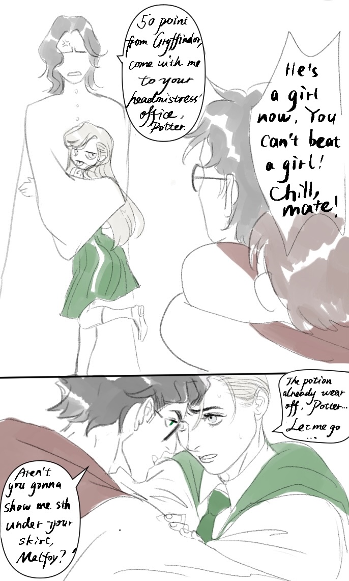 Found a short Drarry comic I never post here.
Harry messed up his potion and spilt on Draco which make Draco changes into a girl in a short time.
warning: naughty Draco, slightly sexual content.