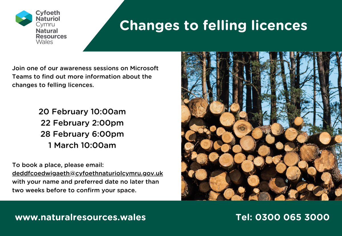 NatResWales's tweet image. 📣We’re holding awareness sessions for foresters and landowners to find out more information about the changes to felling licences, which will come in to effect from 1 April 2024.

More information 👇