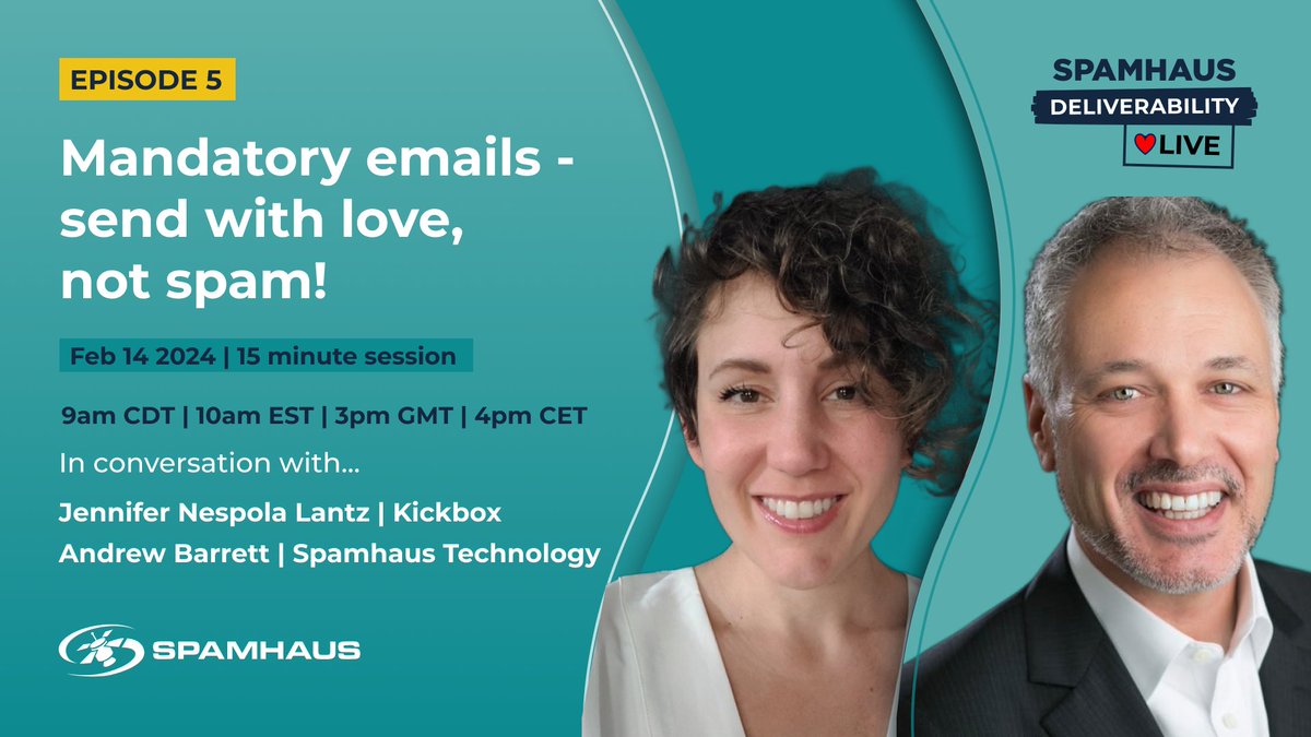 Ep 5 | Spamhaus Deliverability L♥️VE | 14th February Here's one for all you deliverability lovers out there 😍..... Join Andrew Barrett (@emailskinny) from @SpamhausTech and special guest Jennifer Nespola Lantz (@emailDELIVbyJEN), VP of Insights & Deliverability at @Kickbox,