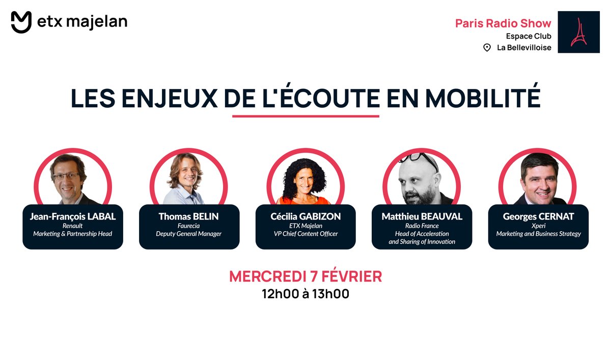 🗓️ Rdv le 07/02 au #salon <a href="/parisradioshow/">Paris Radio Show</a> pour une discussion passionnante sur "les enjeux de l’écoute en mobilité", avec <a href="/cgabizon/">cécilia gabizon</a>, <a href="/JFLabal/">Jean-Francois Labal</a> - <a href="/renaultgroup/">Renault Group</a>, Thomas Belin <a href="/faureciagroup/">Faurecia</a>, <a href="/mattbeauv/">Matthieu Beauval</a> - <a href="/radiofrance/">Radio France</a> &amp; Georges Cernat - @XperiOfficial. 

👉 lnkd.in/eg2MW55t