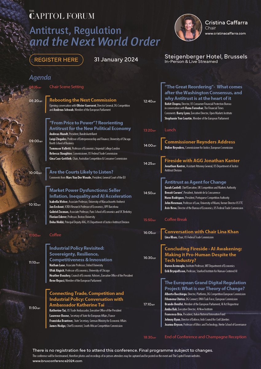 Caffar3Cristina's tweet photo. Antitrust, Regulation &amp; the Next World Order - final programme. 

Join us (early start!) 31 Jan  for a discussion to wake everyone up: the agenda for the next 5 years. And look, some creative serious economists too!  Nothing like this event anywhere. 
https://t.co/9hNyLtjqzq https://t.co/1Le4kFpY11