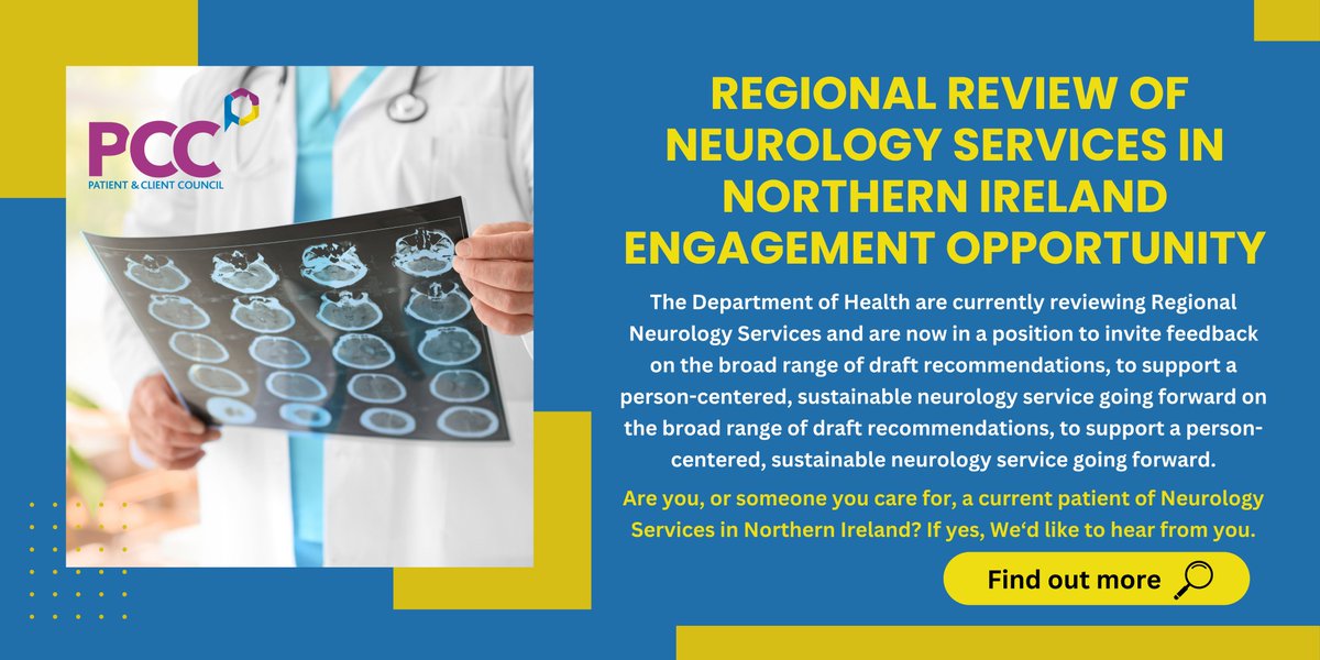 Are you, or someone you care for, currently a Patient of any Neurology Service in Northern Ireland?
The <a href="/healthdpt/">Department of Health</a> is currently reviewing Regional Neurology Services &amp; are now in a position to invite feedback on the broad range of draft recommendations.
➡️pcc-ni.net/regional-revie…