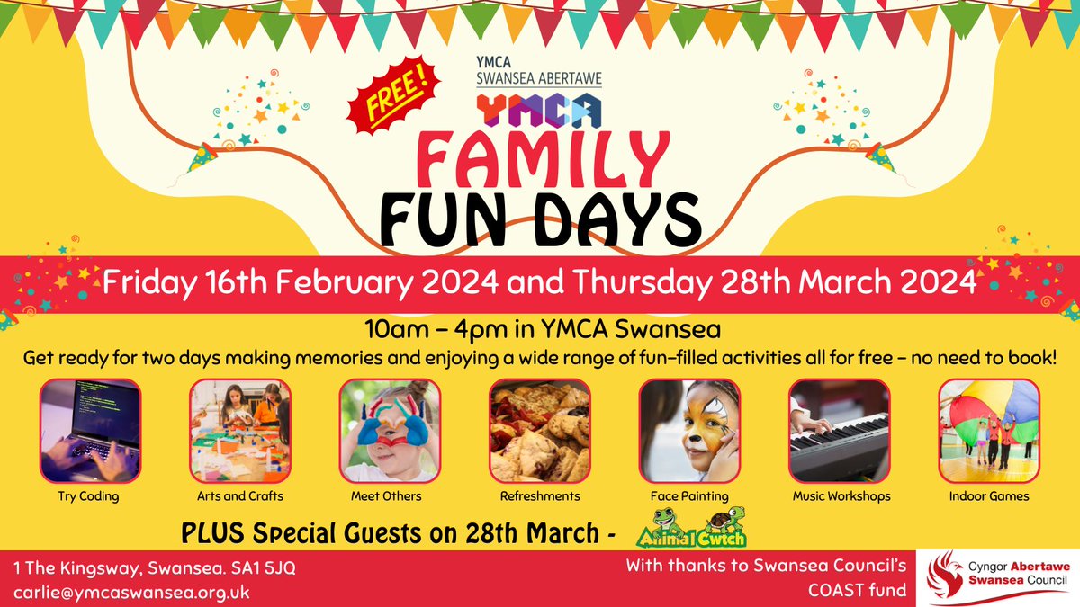 YMCA Swansea (@ymcaswansea) on Twitter photo Join us for two free, fun-filled family days at YMCA Swansea this Spring. Everyone is welcome and no need to book! Pop them in your calendars now. Special guests <a href="/AnimalCwtch/">Animal Cwtch</a> will be joining us on the 28th March too! Thanks to Swansea Council's COAST Fund Join us for two free, fun-filled family days at YMCA Swansea this Spring. Everyone is welcome and no need to book! Pop them in your calendars now. Special guests <a href="/AnimalCwtch/">Animal Cwtch</a> will be joining us on the 28th March too! Thanks to Swansea Council's COAST Fund