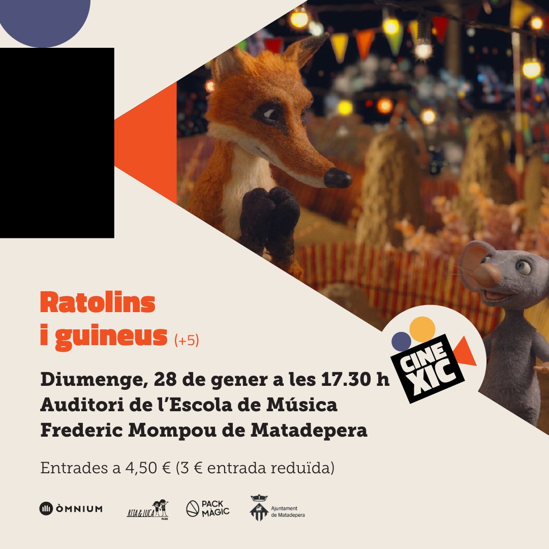 omniumterrassa's tweet photo. 🎞️Famílies! #Matadepera acull aquest 2024 el #Cinexic, el cicle de cinema familiar en català d’@omnium!
La primera projecció "Ratolins i guineus. Una amistat d’un altre món"🐭🦊es podrà veure el diumenge 28 de gener a les 17.30 h a l’Auditori de l’Escola de Música Frederic Mompou https://t.co/ZKg6ERLr1x