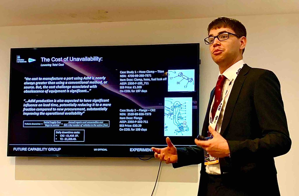 UKArmaments's tweet photo. “There’s huge buy-in to additive manufacturing from industry and we’re already exploiting the technology to print parts for UK Armed Forces in the forward battle space.” Alex Champion, Additive Manufacturing lead at DE&S, talking at #IAVEvent https://t.co/W9XJur9ctO