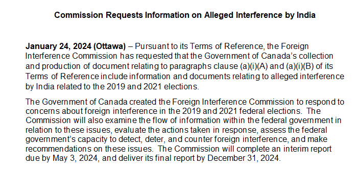 The Foreign Interference Commission has requested that the government include 'information and documents relating to alleged foreign interference by India' in the previous two elections to be included in its collection and production of documents. #cdnpoli