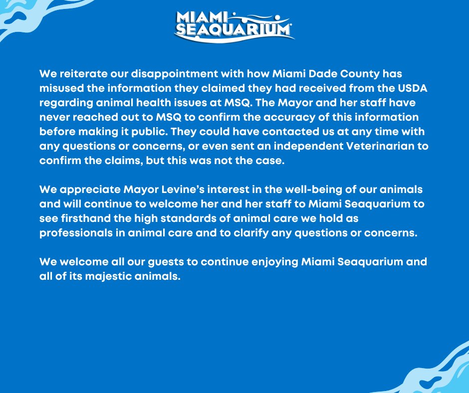 We're proud to confirm compliance with federal Animal Welfare Act regulations. No animals have been confiscated by the USDA, contrary to recent reports. We're addressing misinformation and staying open under our Lease Agreement with Miami Dade County. 

MSQ remains operational.