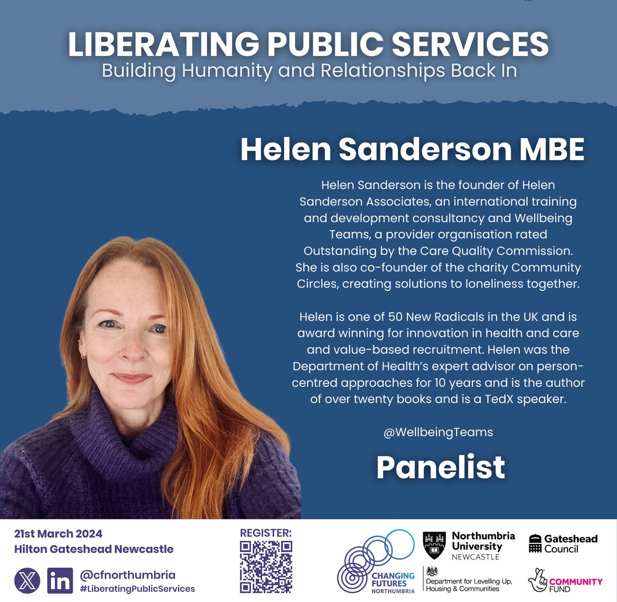 📢Speaker announcement! Very excited to announce that Helen Sanderson MBE who set up the ground-breaking @wellbeingteams will be joining us at the opening panel alongside @ProfDonnaHall. 🎟️Tickets available but going fast: bit.ly/CFN-LPS2024 #LiberatingPublicServices