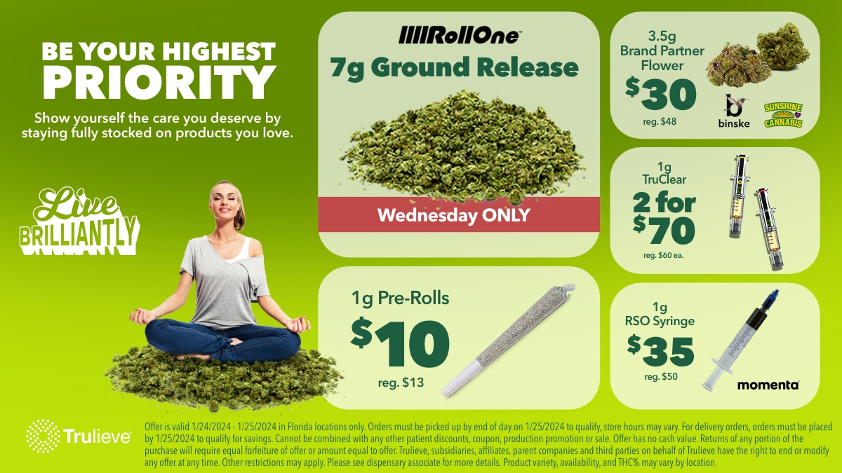 Trulieve's tweet photo. Groundbreaking deals! 🔥 The perfect day to stock up and indulge in exclusive offers. 🌿✨ Stay lifted, everyone! 🌿✨ #TodayOnly #Trulieve #GroundWednesday https://t.co/Dq8r6LK6CN