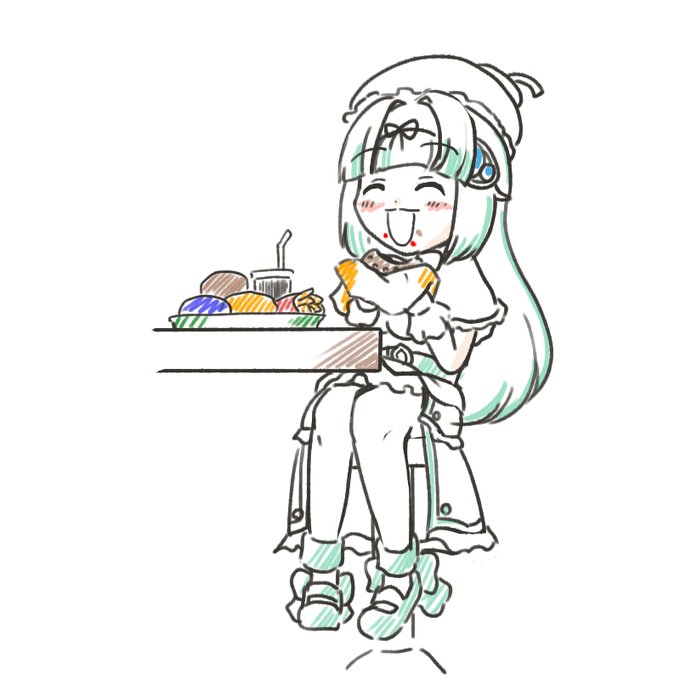 窓際のカウンター席に座り、道行く民草を眺めながらジャンクフードを食べるメロン 