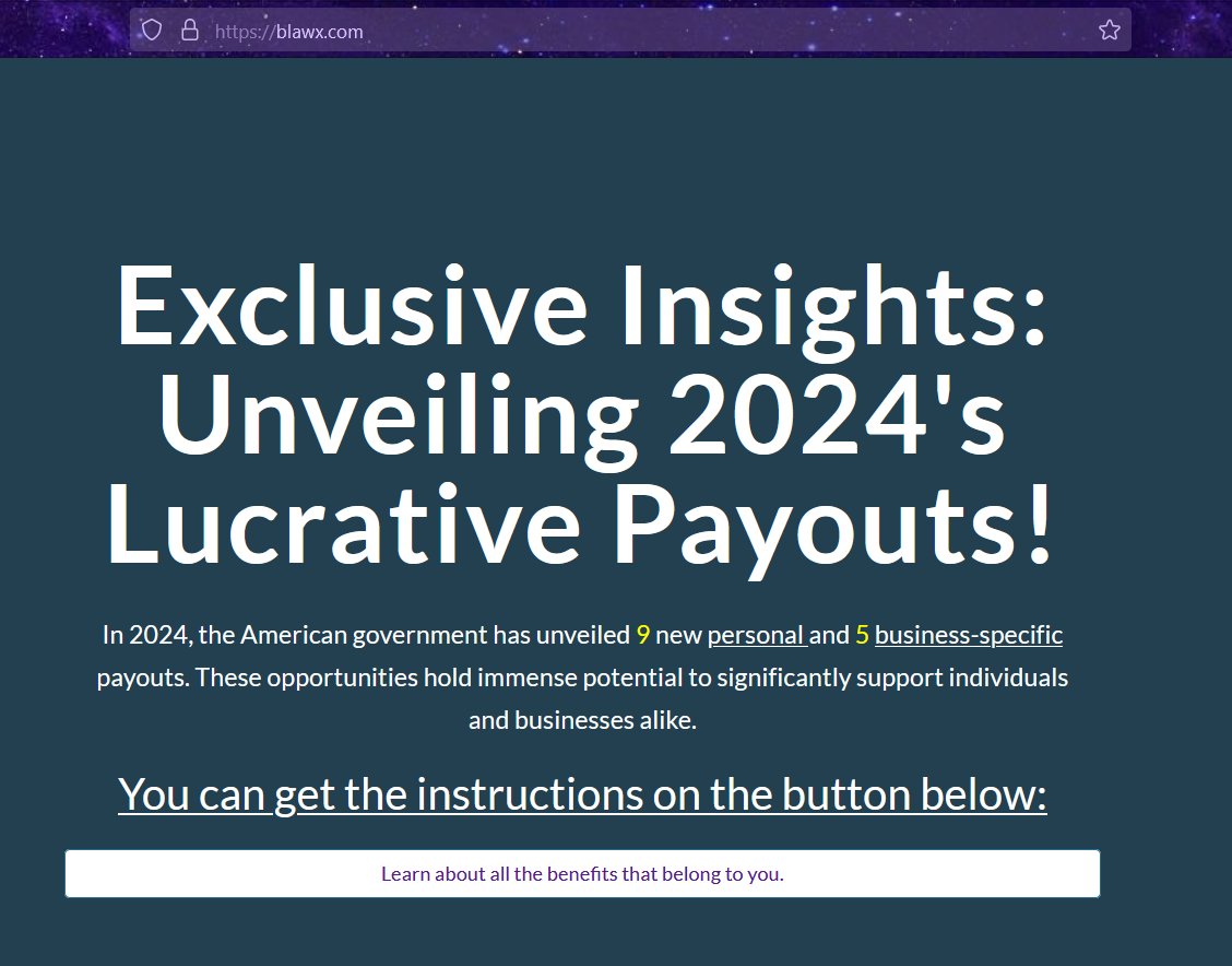 1ZRR4H's tweet image. Compromised site blawx[.]com downloads Javascript file BILL47189.js (bazaar.abuse.ch/sample/a95fe0e…) which eventually leads to #Netsupport RAT. &quot;Exclusive Insights: Unveiling 2024&apos;s Lucrative Payouts!&quot;

Next stages:
- https://blawx[.]com/letter.php?36393
-…