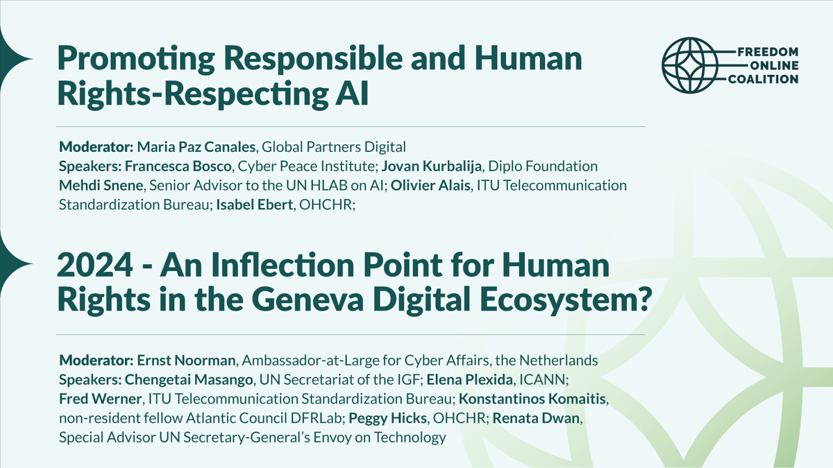 FO_Coalition's tweet photo. 2/2: In addition to an #FOC coordination meeting, the event featured an interactive session on methods to promote responsible and human rights-respecting #AI and a roundtable discussion to map key opportunities and challenges to advance the FOC's mission in Geneva-based fora. https://t.co/2XnxigPwbm