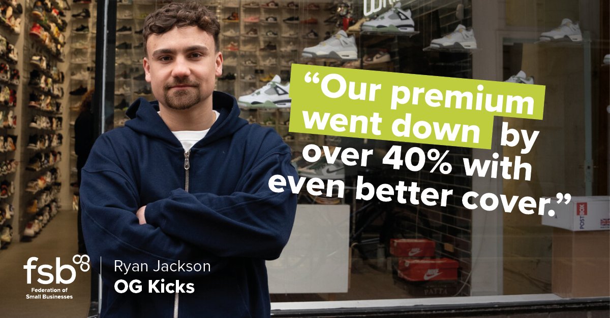 'We asked for an insurance quote and our premium went down by over 40% with even better cover.” 

#FSBmember Ryan Jackson, from OG Kicks, explains how having FSB by his side has made being a small business owner a little easier. 

go.fsb.org.uk/ChampionsOGKic… 

#SmallBusinessBigWins