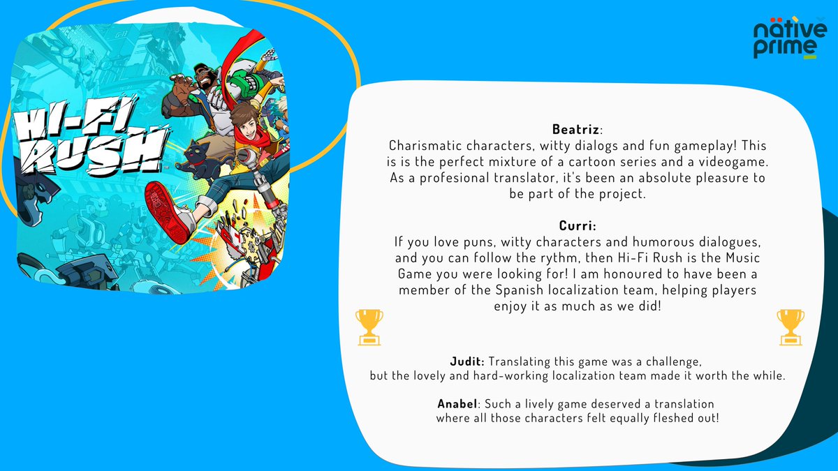 nativeprime's tweet photo. #XIIPremiosATRAE The Spanish team behind the localization of "Hi-Fi Rush!" knew how to hit the right key to impeccably convey the puns and the characteristic sense of humor of its characters.  @bea_pecas @Currixan @judittur @itxan_79 https://t.co/AB5ZR05XDt
