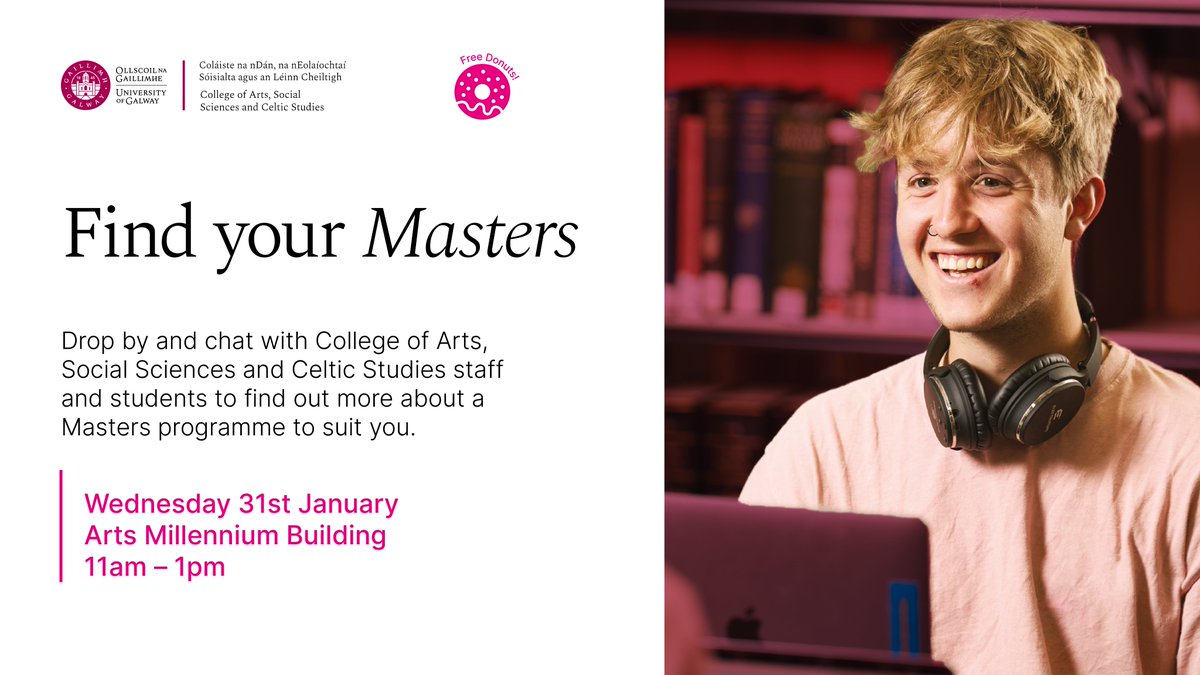 galwayCASSCS's tweet image. Thinking of #postgraduate study? Drop in and chat to our staff and students to find out more about a Masters programme to suit you

🗓️ Wednesday 31st January
⏲️ 11am-1pm
📍 Arts Millennium Building 

#UniversityofGalway #ForYouForTomorrow #FindYourMasters