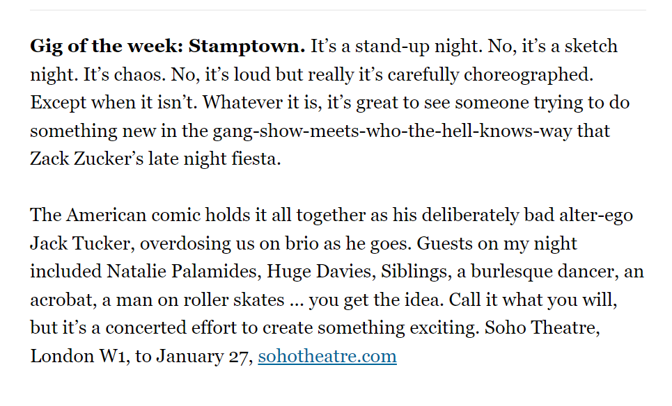 Spotted - @stamptown_ is @dominicjmaxwell Gig of the week in @thetimes 🙌 This weekends sold out, so come join tonight's late night fiesta of stand up, sketch, chaos and everything else that's great sohotheatre.com/events/stampto…